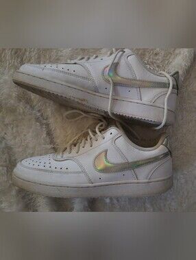 Ladies Niki White Leather Low-Top Sneakers with Iridescent Swoosh